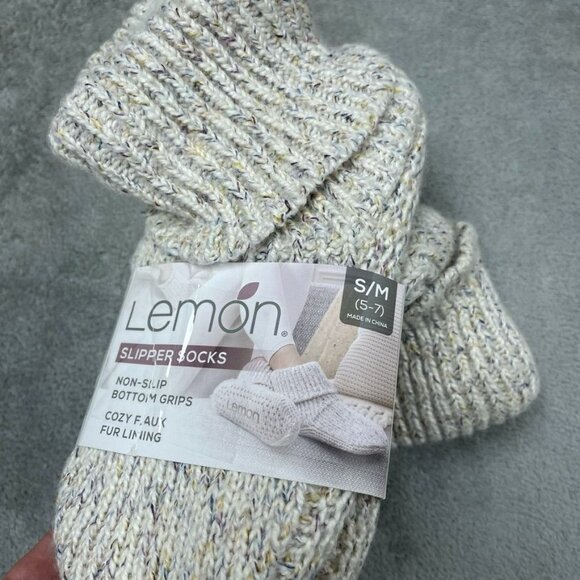 Lemon Womens Ribbed Slipper Socks S/M Non-Slip Faux Fur Lining a1516 - Picture 1 of 3